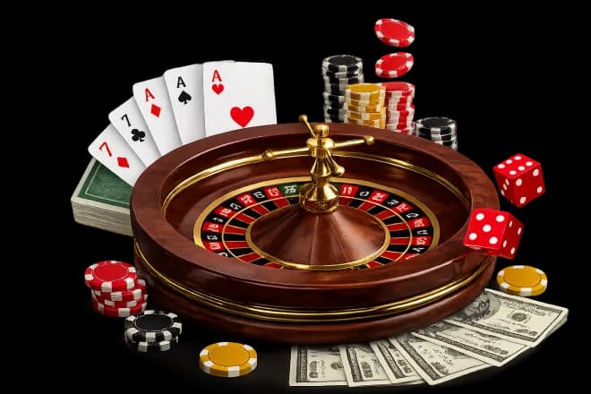 Casino live cards, roulette wheel, and chips