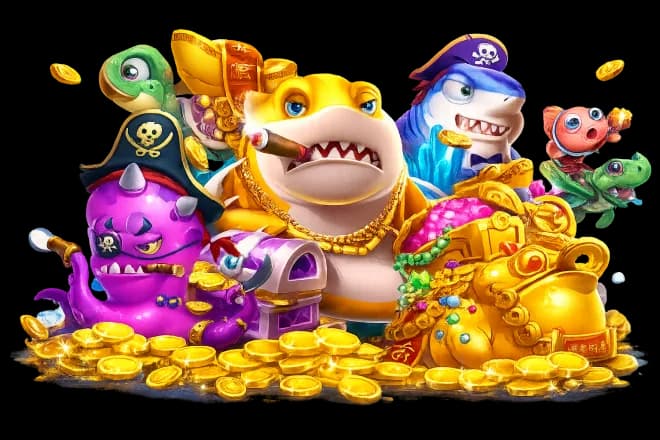 Casino fishing game characters with treasure and gold coins