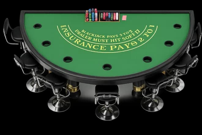 Casino table games table with chips and cards
