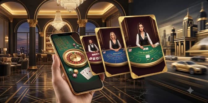 Mobile table games shown across a hand of smartphone screens