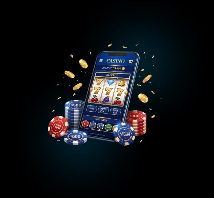 BetKhala mobile casino app with slot game, coins, and casino chips