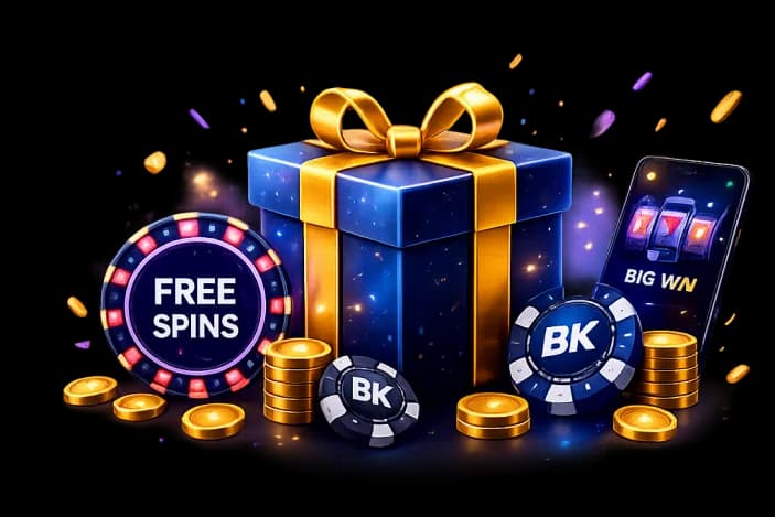 Casino gift box with free spins chip and bonus coins