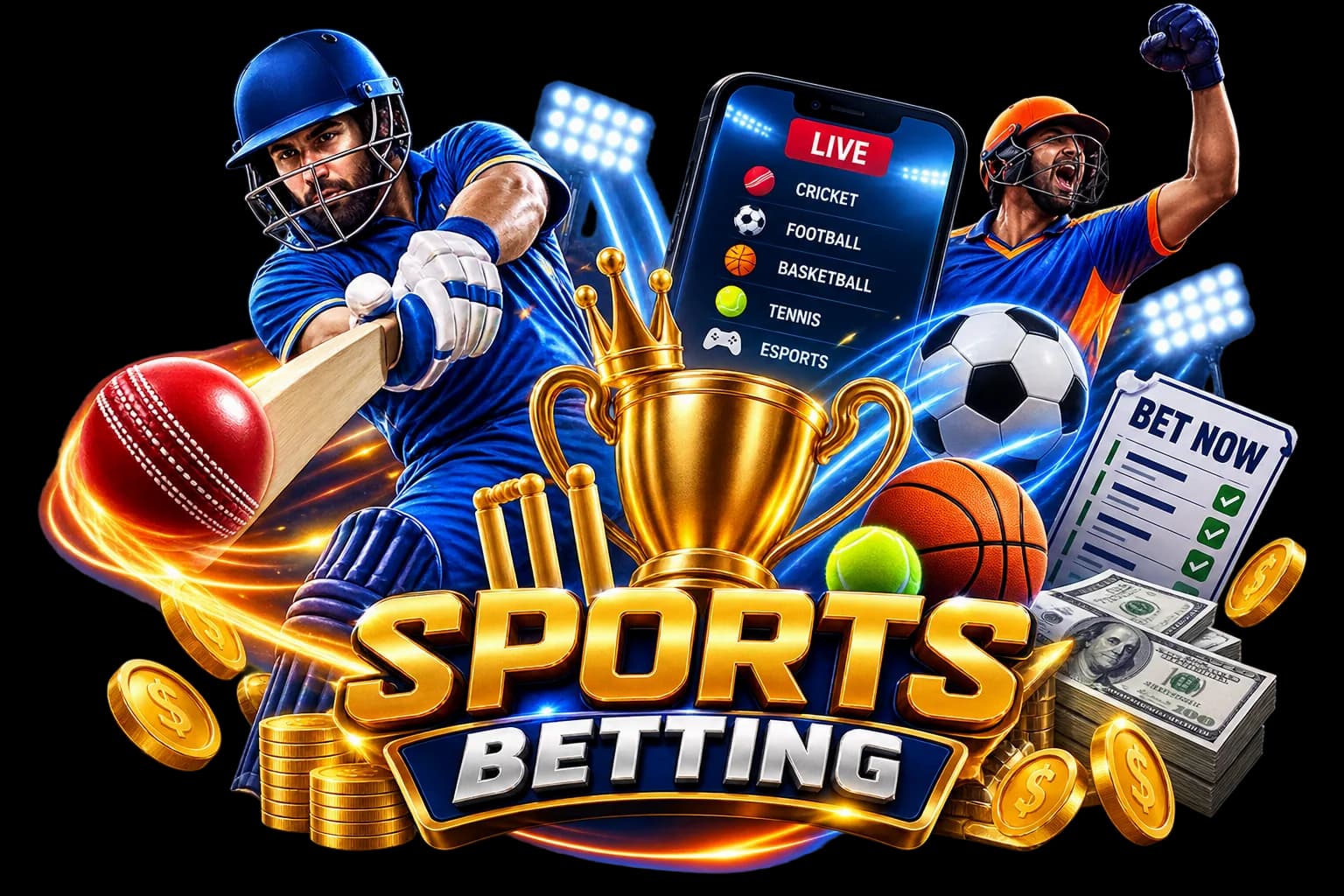 Cricket and football players with a sports betting trophy